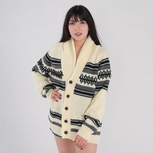 70s Striped Cardigan Button Up Knit Sweater Cream Geometric Shawl Collar Basic Slouchy Cozy Retro Acrylic Knitwear Vintage 1970s Large L