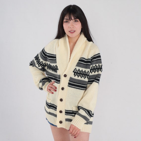 70s Striped Cardigan Button Up Knit Sweater Cream Geometric Shawl Collar Basic Slouchy Cozy Retro Acrylic Knitwear Vintage 1970s Large L