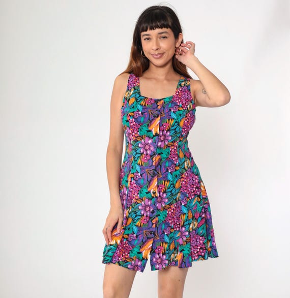 Vintage Floral Mini Dress 90s Bright Sun Dress Tropical Sleeveless Button up Fit and Flare Purple Summer Sundress Day Dress 1990s Small