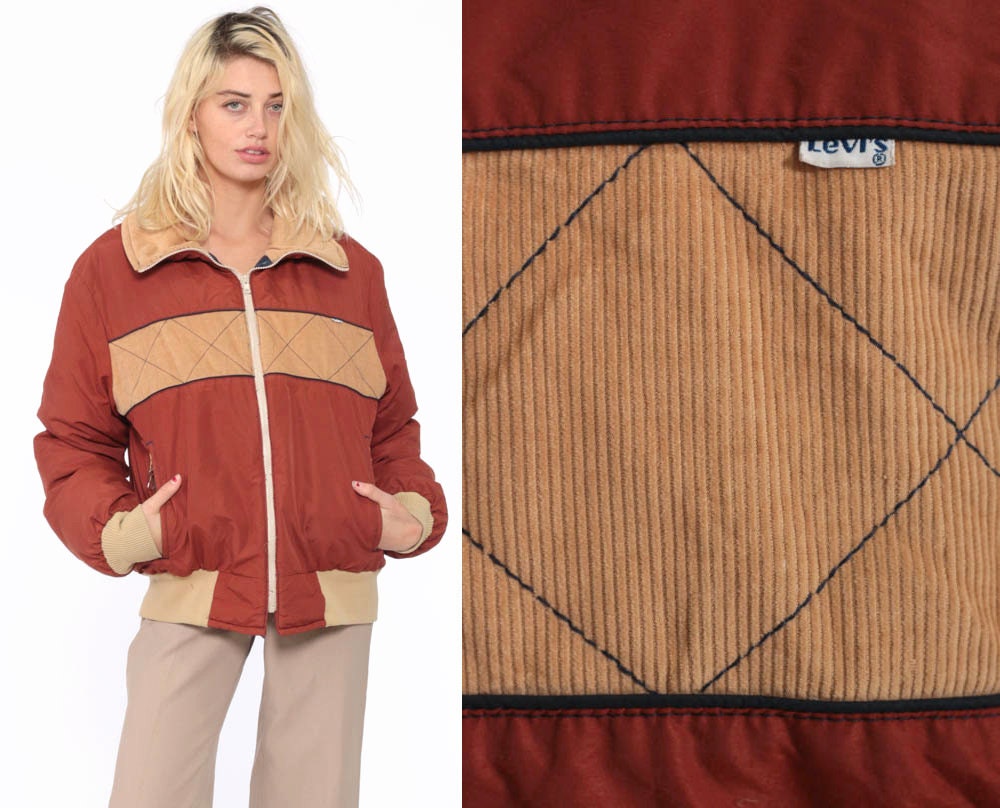 70s Rust Brown Ski Jacket Levis CORDUROY Puffy Coat Winter 70s Color Block  1970s Vintage Levis Puffer Jacket Medium Large