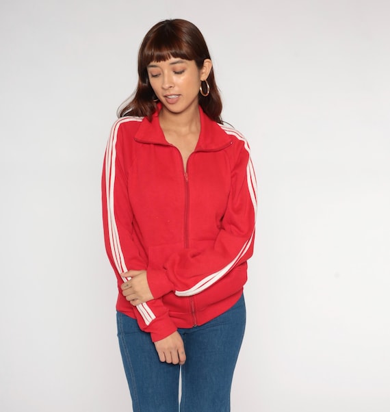 Red Track Jacket Zip Up Sweatshirt 80s Striped Collared Jacket Hipster Retro 1980s Sportswear Sweatshirt Vintage Tracksuit Medium