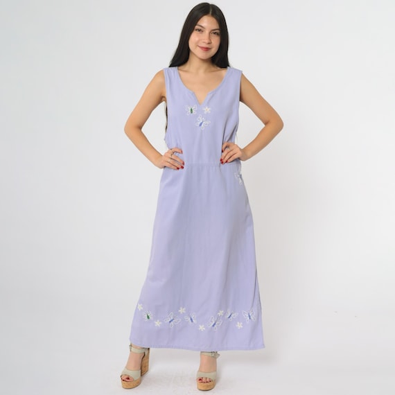 Lavender Butterfly Dress 90s Maxi Purple Beaded Embroidery Sleeveless Summer Vintage Bohemian Sundress Relaxed Flowy Medium M 8