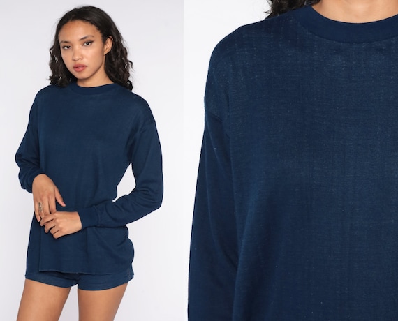 Blue Thermal Shirt Long Sleeve Shirt 80s Navy Under Shirt T Shirt Underwear Retro Tee Vintage Normcore Extra Large xl