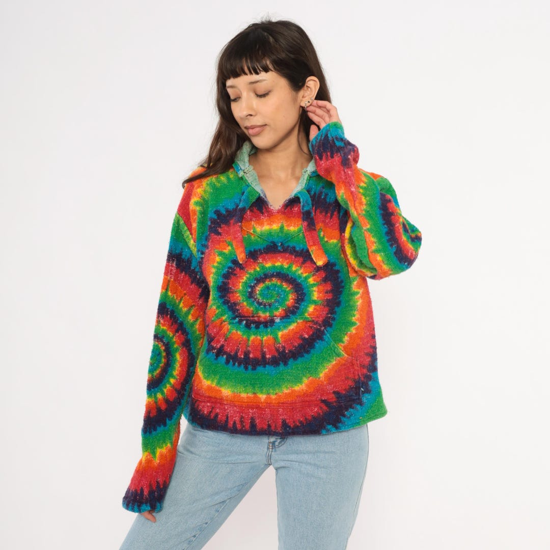 Rainbow Tie Dye Drug Rug Hoodie 2000s Earth Ragz Spiral Swirl Knit