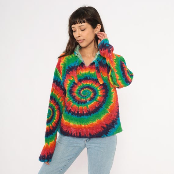 Rainbow Tie Dye Drug Rug Hoodie 2000s Earth Ragz Spiral Swirl Knit Sweater Cotton Hippie Festival Psychedelic Colorful Hooded Top Medium M