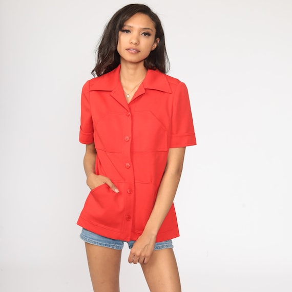 Red Button Up Shirt 70s Shirt Pocket Blouse Hippie Boho 1970s Shirt Disco Top Vintage Dagger Collar Plain Hipster Short Sleeve Medium
