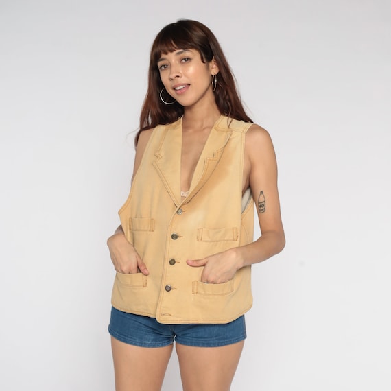 80s Button Up Vest Tan Old West Vest Western Vest Workwear 1980s Retro V Neck Work Vest Vintage 1980s Cowboy Rodeo Sleeveless Jacket Small S