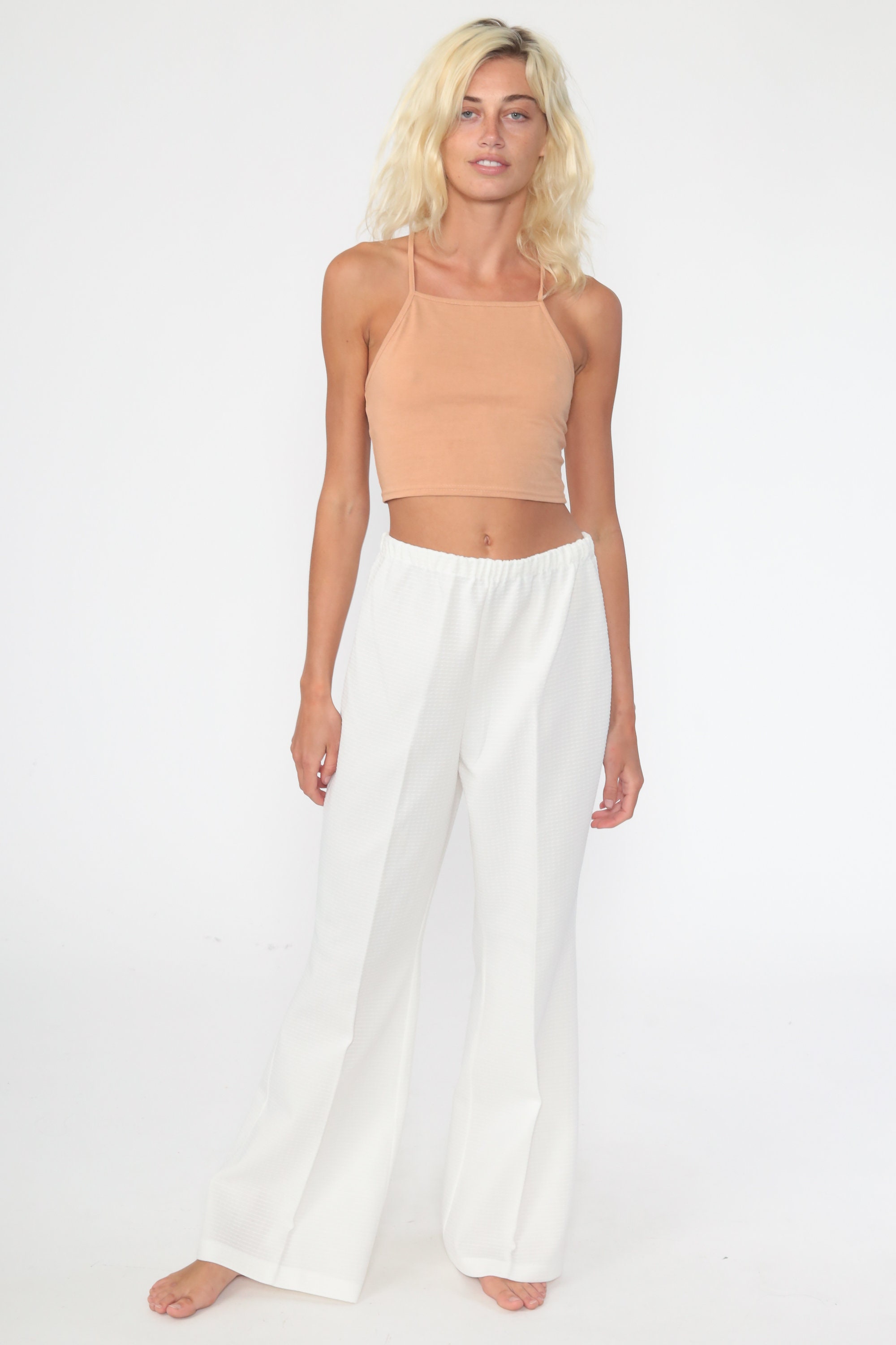 BELL BOTTOM Pants 70s Off-White Polyester High Waisted Trousers Boho ...
