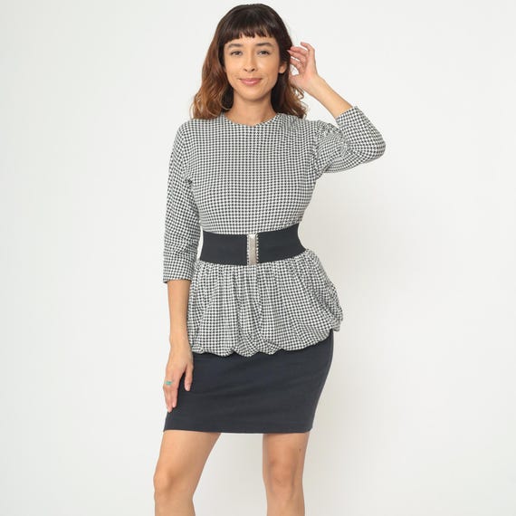80s Houndstooth Dress Black White Peplum Mini Pencil Skirt Dark Academia Power Dressing Belted Three Quarter Sleeve Cotton Small S