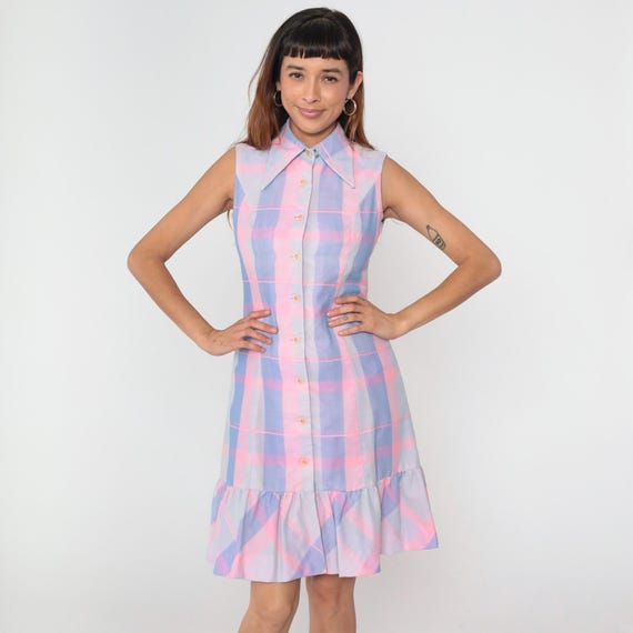 Vintage 70s Pastel Plaid Dress Pink Blue Button Down Ruffle Hem Sleeveless Dagger Collar Mod Pink Purple 1970s Cottagecore Midi Small