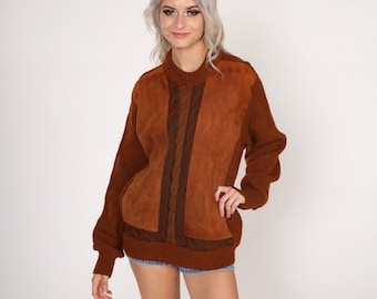 Brown Wool Sweater 70s Cable Knit Pullover Sweater Faux Suede Tonal Color Block Crewneck Earth Tone Neutral Fall Jumper Vintage 1970s Medium