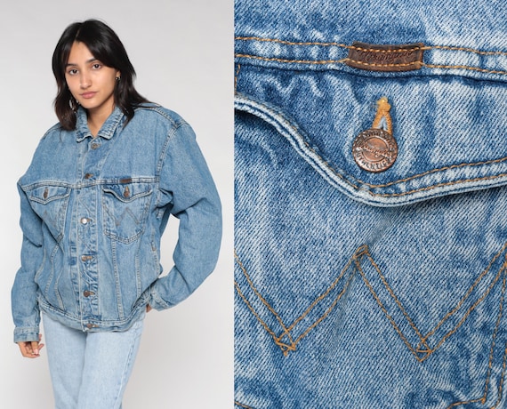 Wrangler Jean Jacket 90s Blue Button Up Denim Jacket Retro Casual Biker Trucker Basic Plain Simple Sporty Streetwear Vintage 1990s Medium M