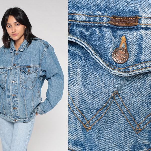 Wrangler Jean Jacket 90s Blue Button Up Denim Jacket Retro Casual Biker Trucker Basic Plain Simple Sporty Streetwear Vintage 1990s Medium M