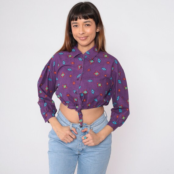 Southwest Crop Top 90s Purple Button Up Southwestern Blouse Tie Waist Vintage 1990s Aztec Print Boho Hippie Long 3/4 Sleeve Medium