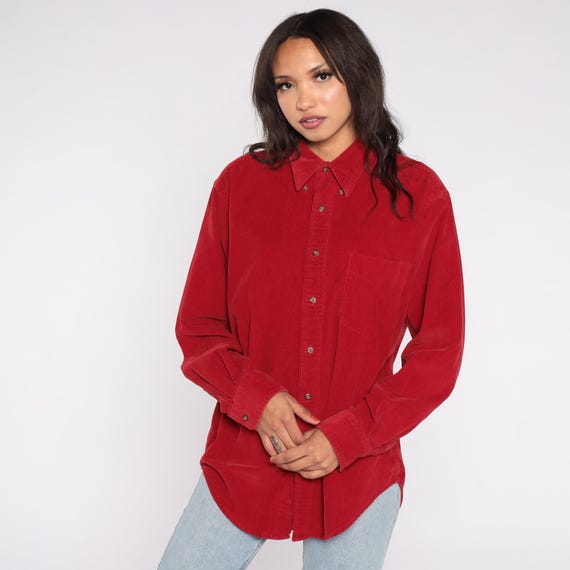 Red Corduroy Shirt 90s Button Down Long Sleeve Cotton Winter Top Cord Pocket Front Holiday Christmas Cherry Western Rodeo Unisex Small S 6