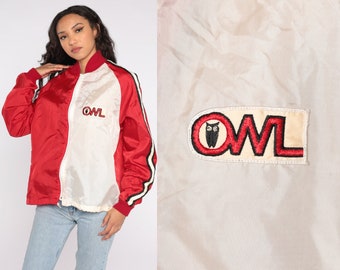 Red Windbreaker Jacket 70s OWL Patch Zip Up Color Block Lightweight Jacket Retro Nylon Vintage Lightweight Shell Large Extra Large L XL