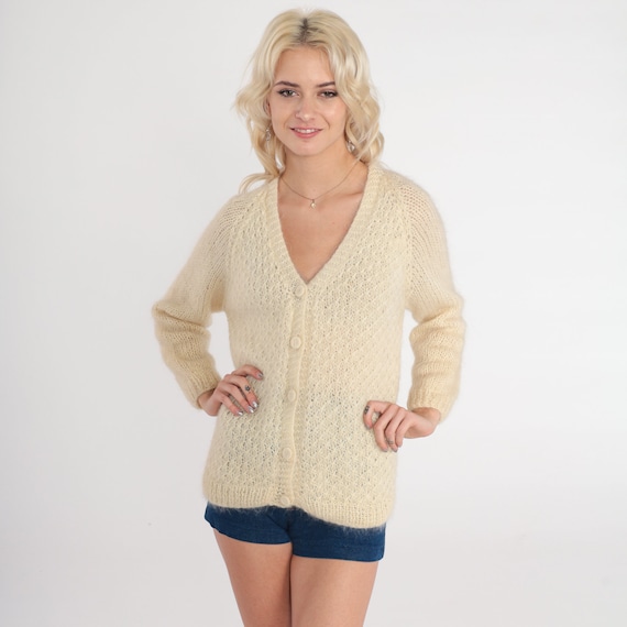 Cream Wool Cardigan 70s Button Up Chunky Knit Sweater Retro Grandpa Fisherman Sweater Basic Fall Neutral Simple Plain Vintage 1970s Medium M