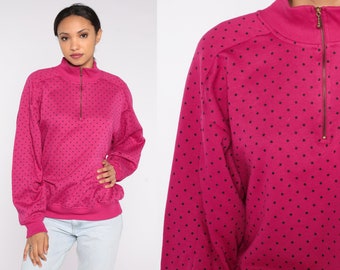 Polka Dot Sweatshirt 90s Bright Pink Pullover Retro Quarter Zip Sweatshirt Funnel Neck Hipster Girly Spring Sweater Vintage 1990s Large L