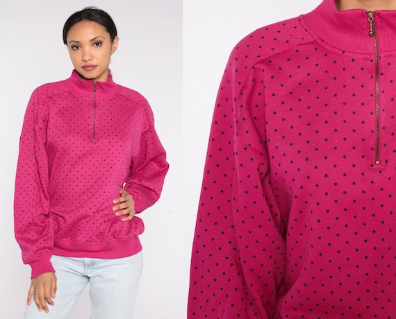 Polka Dot Sweatshirt 90s Bright Pink Pullover Retro Quarter Zip Sweatshirt Funnel Neck Hipster Girly Spring Sweater Vintage 1990s Large L