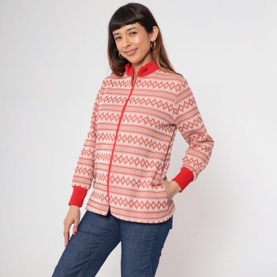 Vintage Red Striped Button Up Blouse 70s Geometric Zip Up Shirt Boho Hippie Mock Neck Long Sleeve Top 1970s Retro Large