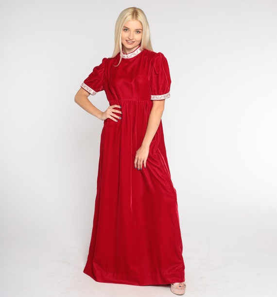 Red Velvet Gown 70s Maxi Party Dress Puff Sleeve High Waist Floral Ribbon Trim Retro Bohemian Seventies Prom Holiday Vintage 1970s Small S