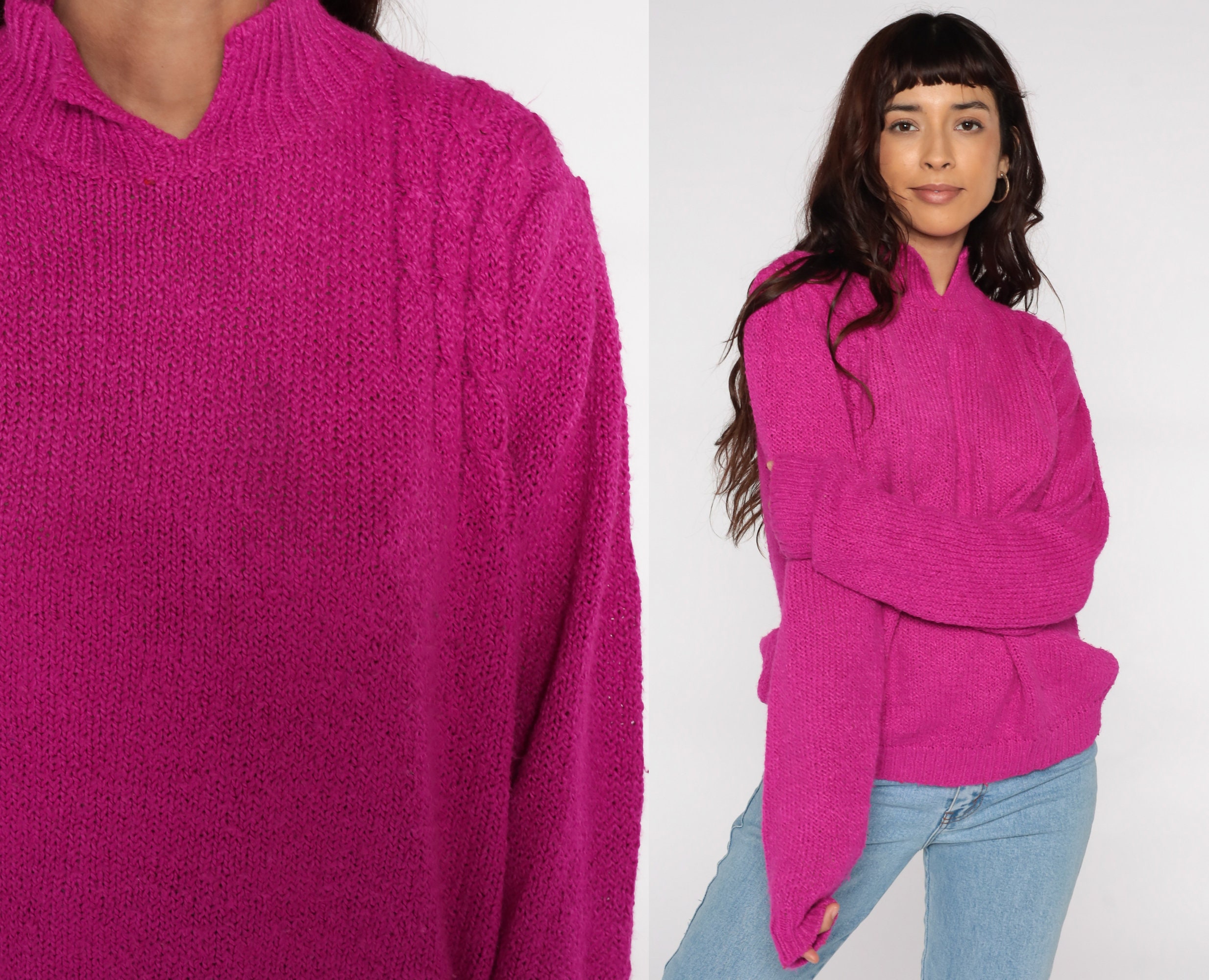 Fuchsia Cable Knit Sweater 80s Slouchy 