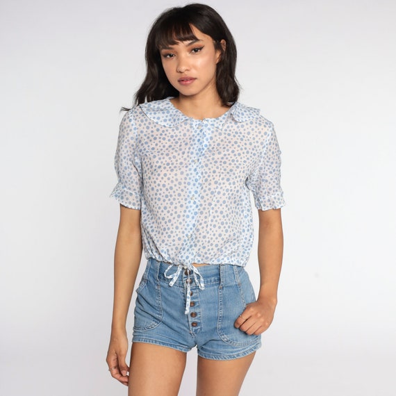 Sheer Polka Dot Blouse 60s Crop Top Cropped Blouse 70s Shirt Bohemian Pearl Button Up White Blue Top Boho Hippie 1970s Long Sleeve Small S
