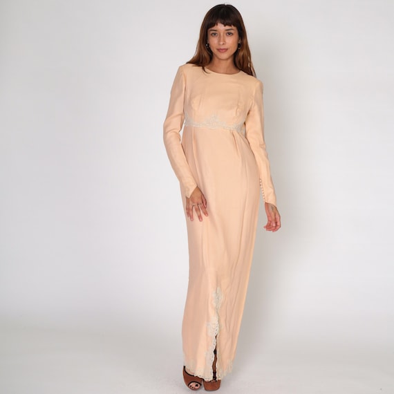 60s Gown Peach Party Dress Floral Lace Trim Maxi Dress Long Puff Sleeve Empire Waist Front Slit Formal Retro Cocktail Vintage 1960s Small S