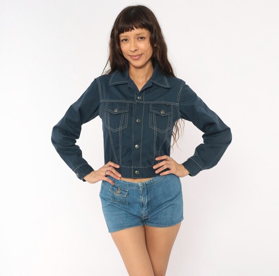 70s Cropped Jacket Montgomery Ward Snap Front Trucker Contrast Stitch Pointed Collar Chest Pockets Dark Blue Workwear Extra Extra Small XXS