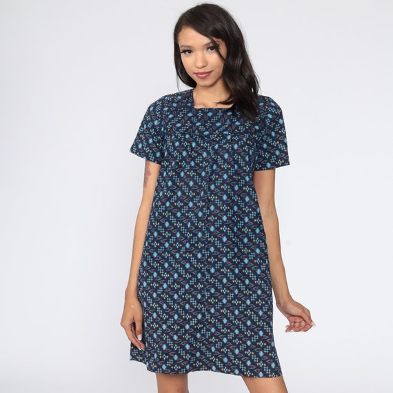 60s Mod Mini Dress Dark Blue Checkered Dress Tent Shift Twiggy 70s Vintage Short Sleeve Minidress Small