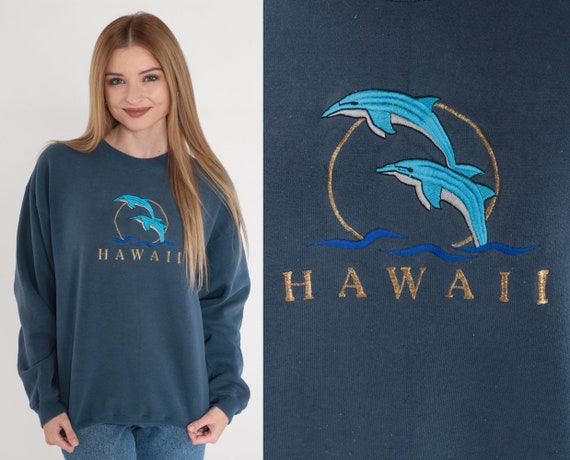 Hawaii Dolphin Sweatshirt 90s Blue Pullover Sweatshirt Embroidered Ocean Animal Graphic Shirt Tourist Travel Crewneck Vintage 1990s Medium M