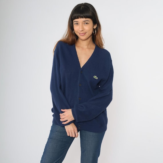 Vintage Navy Lacoste Cardigan Sweater 80s Blue Button Up IZOD Crocodile Acrylic Knit V Neck Slouchy 1980s Preppy Men's Medium M