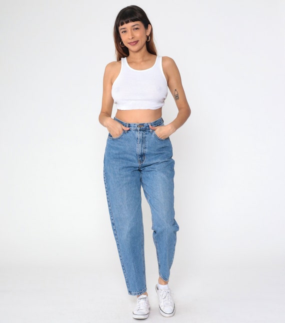 90s Mom Jeans High Waisted Rise Jeans Tapered Leg Blue Denim Pants Retro Casual Streetwear Relaxed Vintage 1990s Basic Editions Medium 29
