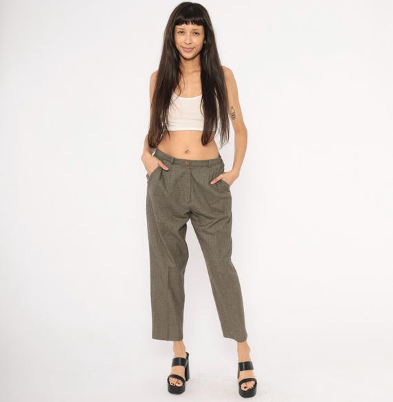 Houndstooth Pleated Trousers 90s Tapered Ankle Pants Olive Check Plaid Slacks Dark Academia Brown High Waist Vintage Women Petite Eight 8P