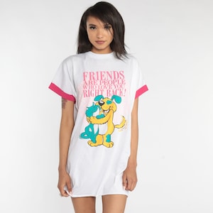 Cat Dog T-Shirt Dress Friendship Graphic Pajama Dress Cartoon Nightie Mini White Animal Hugging Kawaii Tee Vintage 1990s Small Medium Large