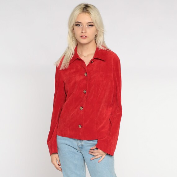 Red Jacket 90s Button Up Jacket Lightweight Collared Fall Jacket Preppy Classic Basic Plain Retro 1990s Vintage Normcore Medium M