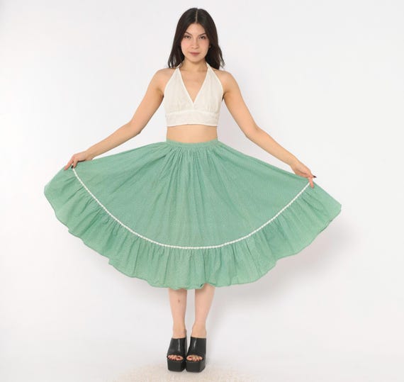 80s Green Ditsy Floral Skirt Prairie Cottagecore White Lace Trim Ruffle Hem Cotton Full Circle Sweep Gathered Pockets Extra Small XS