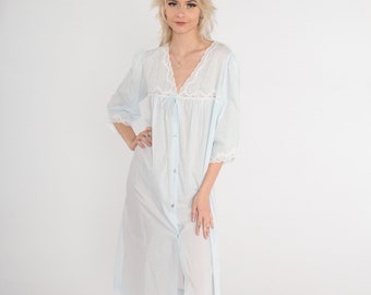 Vintage Nattlinne Pastellblå 90-tals Pyjamasklänning Halvtransparent Spets Nattlinne Knäppt Morgonrock Midi Lingerie Lounge Kortärmad Retro 1990-tal Stor L