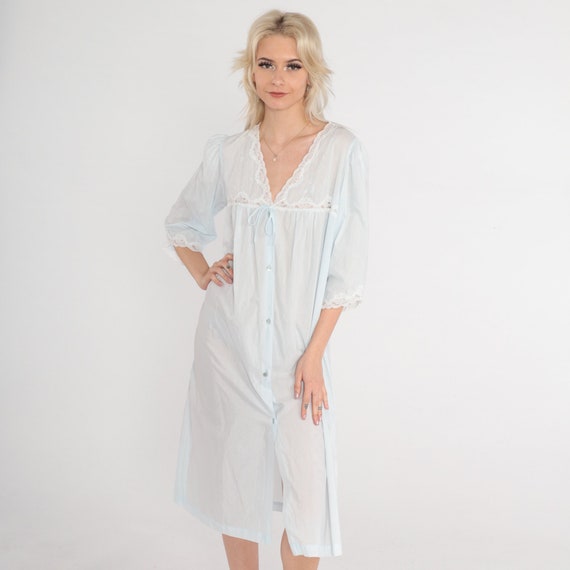 Vintage Nightie Pastel Blue 90s Pajama Dress Semi-Sheer Lace Nightgown Button up Robe Midi Lingerie Lounge Short Sleeve Retro 1990s Large L