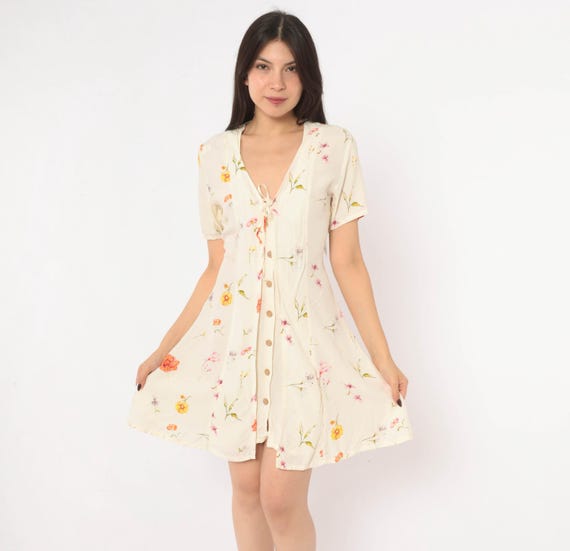 90s Floral Dress Cream Ditsy Print Tie Front Button Short Sleeve V Neck Knee Length Orange Yellow Fit Flare Prairie Dress Extra Small XS