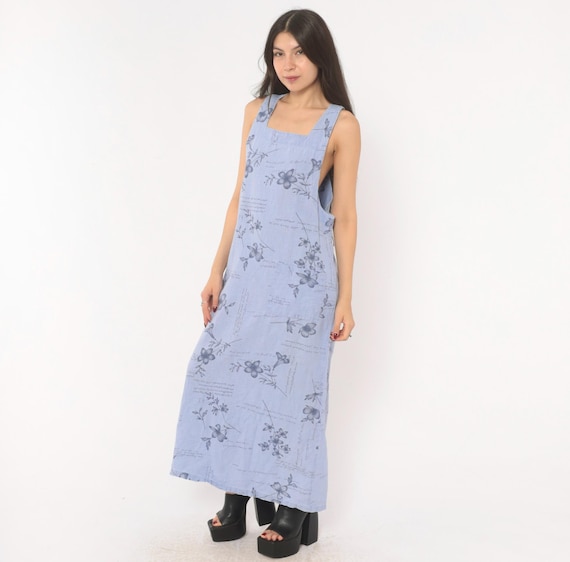 Periwinkle Floral Linen Maxi Dress 2000s Racerback Sundress Blue Botanical Print Square Neck Sleeveless Tie Back Column Lavender Medium M