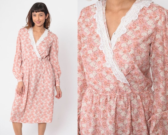 80s Floral Dress Pink V Neck Midi Boho Wrap Dress Lace Prairie Romantic Rose Print Vintage 1980s High Waisted Long Puff Sleeve Small Medium