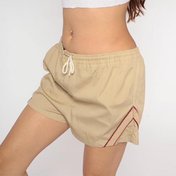 Preppy Swim Shorts Vintage 80s Old Money Style Khaki Tan Red Trim Collegiate Ivy League Fashion Classic  Athletic Medium M L