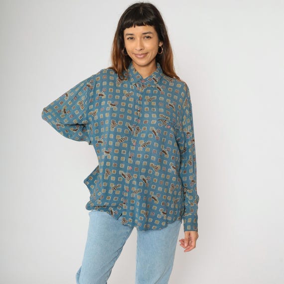 Vintage Crown Print Shirt 90s Blue Geometric Button Up Top Retro Boho Artsy Long Sleeve Collared Preppy Top 1990s Forenza Men's Large L