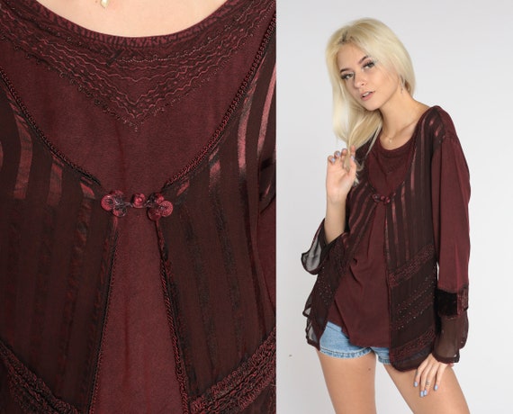 Y2K Crimson Bell Sleeve Blouse - Medium