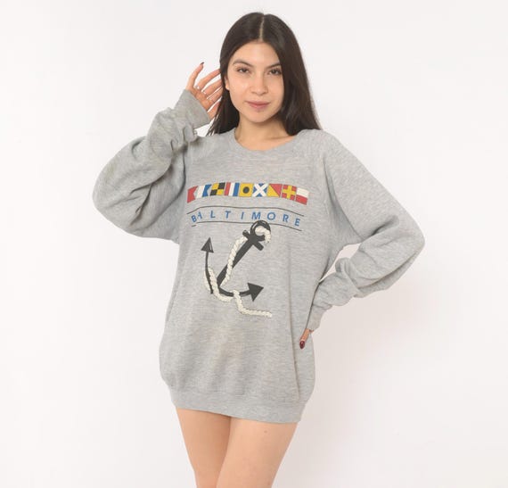 90s Baltimore Nautical Sweatshirt Anchor Graphic Grey Heather Pullover Signal Flag Souvenir Travel City Gray Vintage Extra Large XL