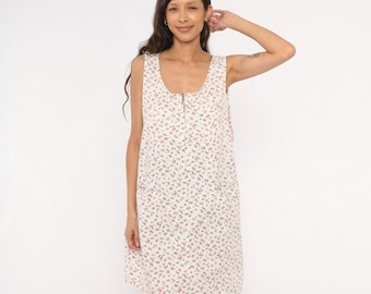 Vestido jersey floral de los 90, blanco, rosa, estampado ditsy, sin mangas, de algodón, estilo cottagecore, pradera, minivestido de verano color crema, talla L