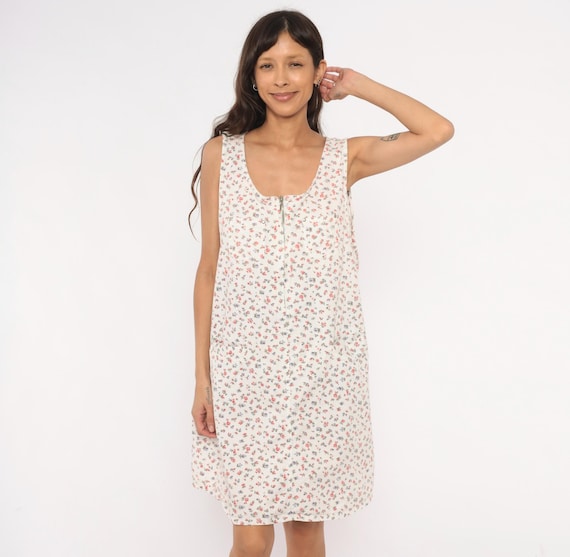 90s Floral Jumper Dress White Pink Ditsy Print Sleeveless Shift Cotton Summer Cottagecore Prairie Tank Mini Cream Sundress Summer Large L