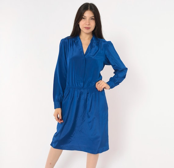 Cobalt Satin Dress 80s Royal Blue Long Sleeve V Neck Elastic Waist Gathered Knee Length Button Front Collar Blouson Vintage Medium M