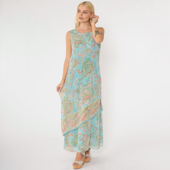 Vintage Y2K Paisley Dress Blue Sequin Dress Sleeveless Maxi Draped Dress 2000s Summer Bohemian Hippie Vintage 00s Medium